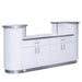 rear view of white salon reception desk with drawers and cabinets