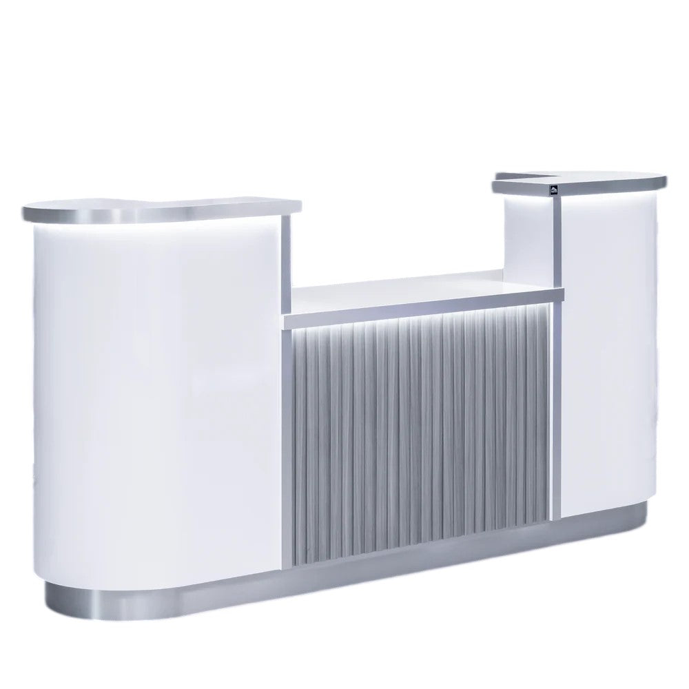White salon reception desk with gray wooden slats