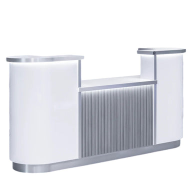 White salon reception desk with gray wooden slats