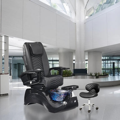 Black pedicure chair on black base with silver basin