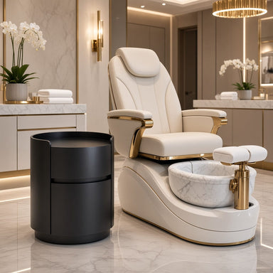 Salon trolly next to white pedicure chair in stylish salon