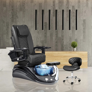 Black pedicure chair with foot bowl and technician stool