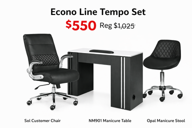 Econo Line Tempo Set with Sol Customer Chair, NM901 Manicure Table, and Opal Manicure Stool on a white background.