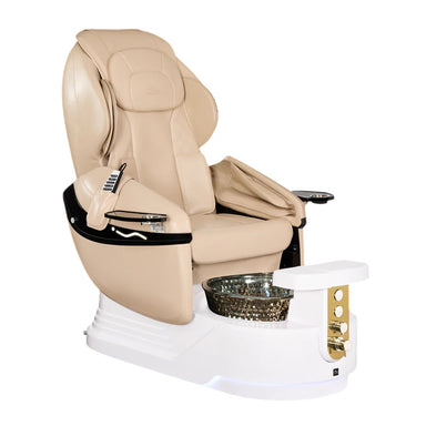 Parchment pedicure chair on white base with yellow gold hardware
