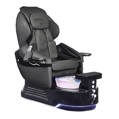 Black pedicure chair on black base with foot basin