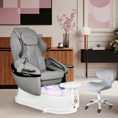 Gray pedicure chair on white base with 