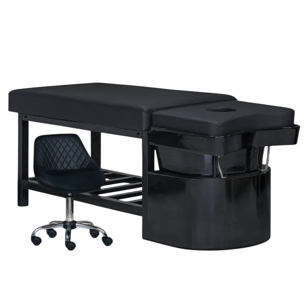 Black shampoo bed on black base with technician stool