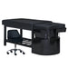 Black shampoo bed on black base with technician stool