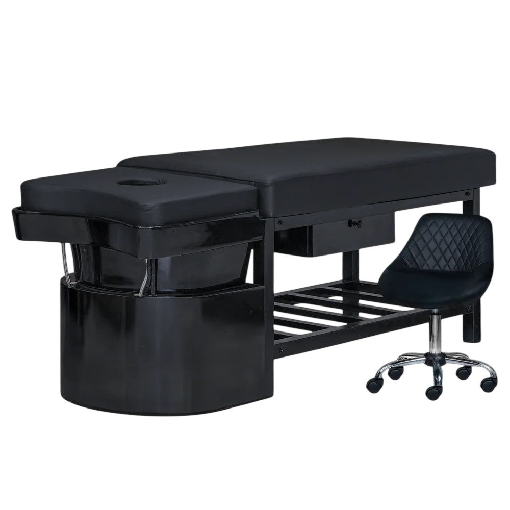Black shampoo bed on black base with technician stool