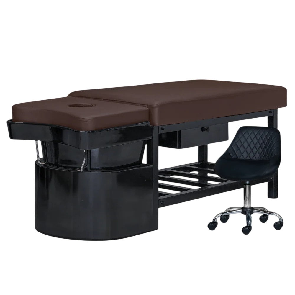 Chocolate shampoo bed on black base with technician stool
