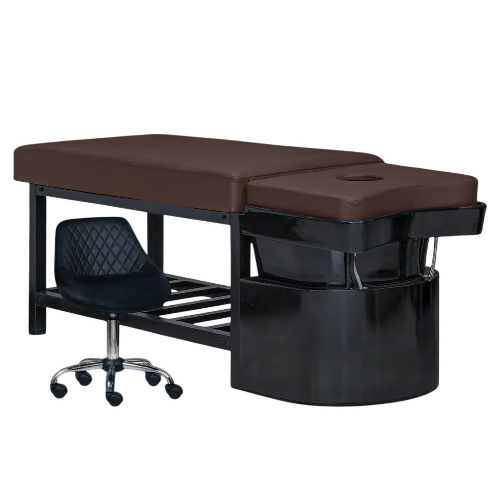 Chocolate shampoo bed on black base with technician stool