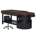 Chocolate shampoo bed on black base with technician stool