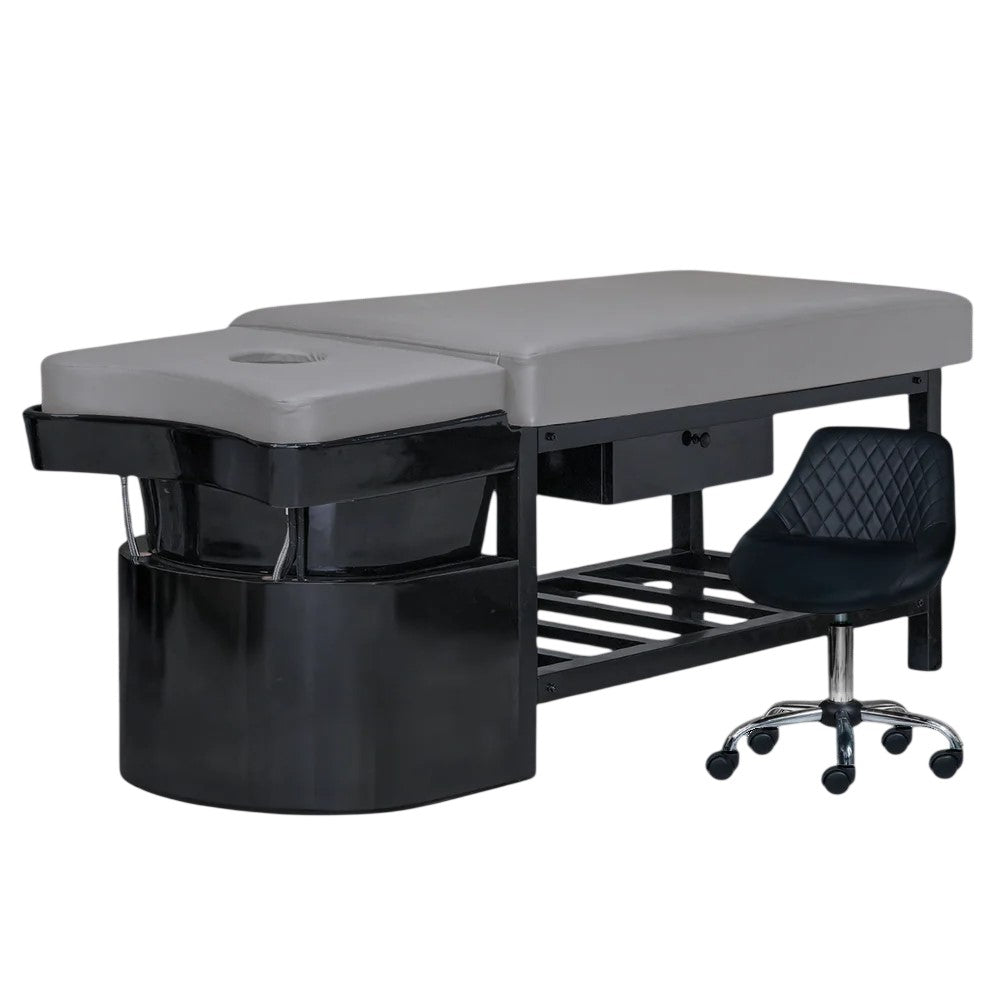 Alternate view of gray shampoo bed on black base with technician stool