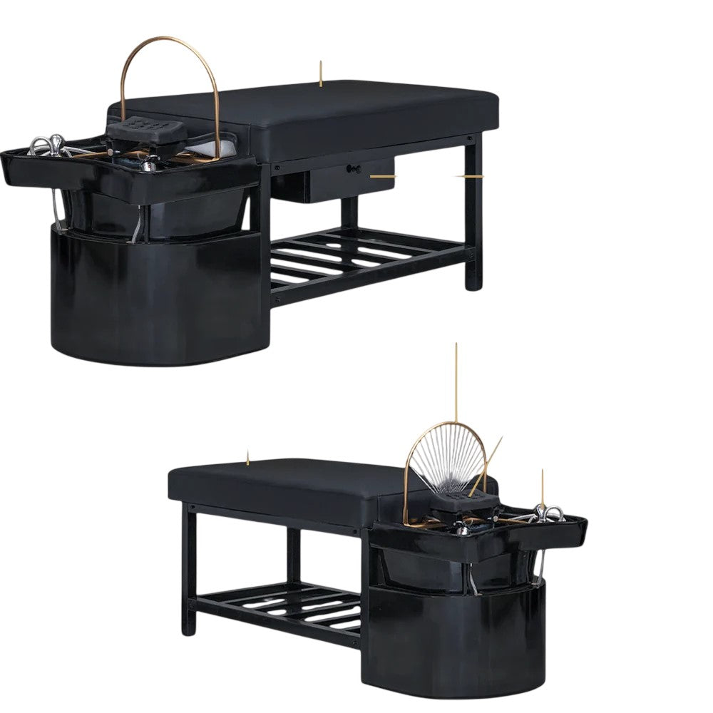 Alternate views of black shampoo bed and halo with and without water functioned activated