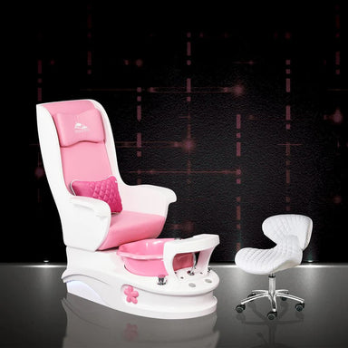 Rose colored pedicure chair on white base  and technician stool