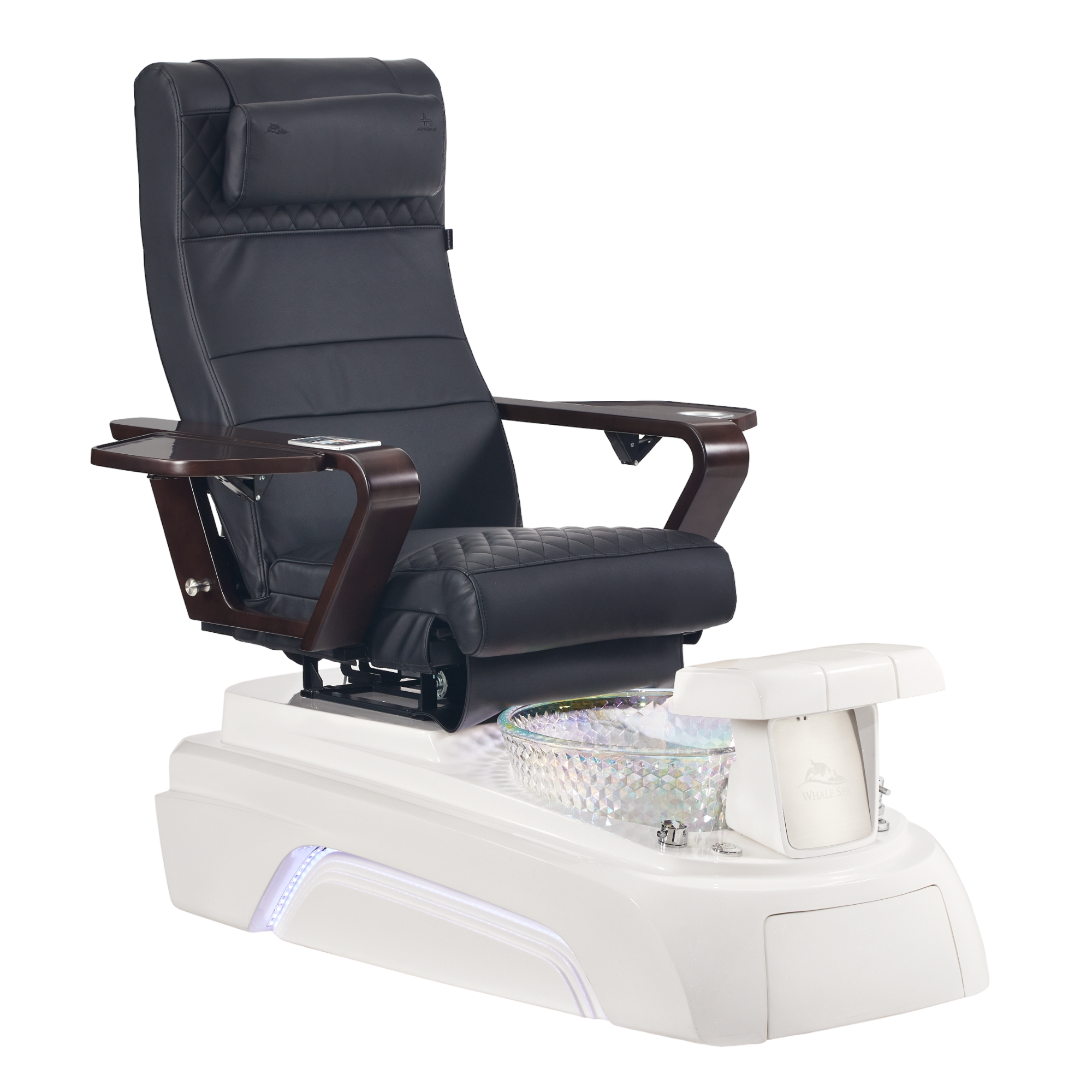 Black pedicure chair on white base with foot basin