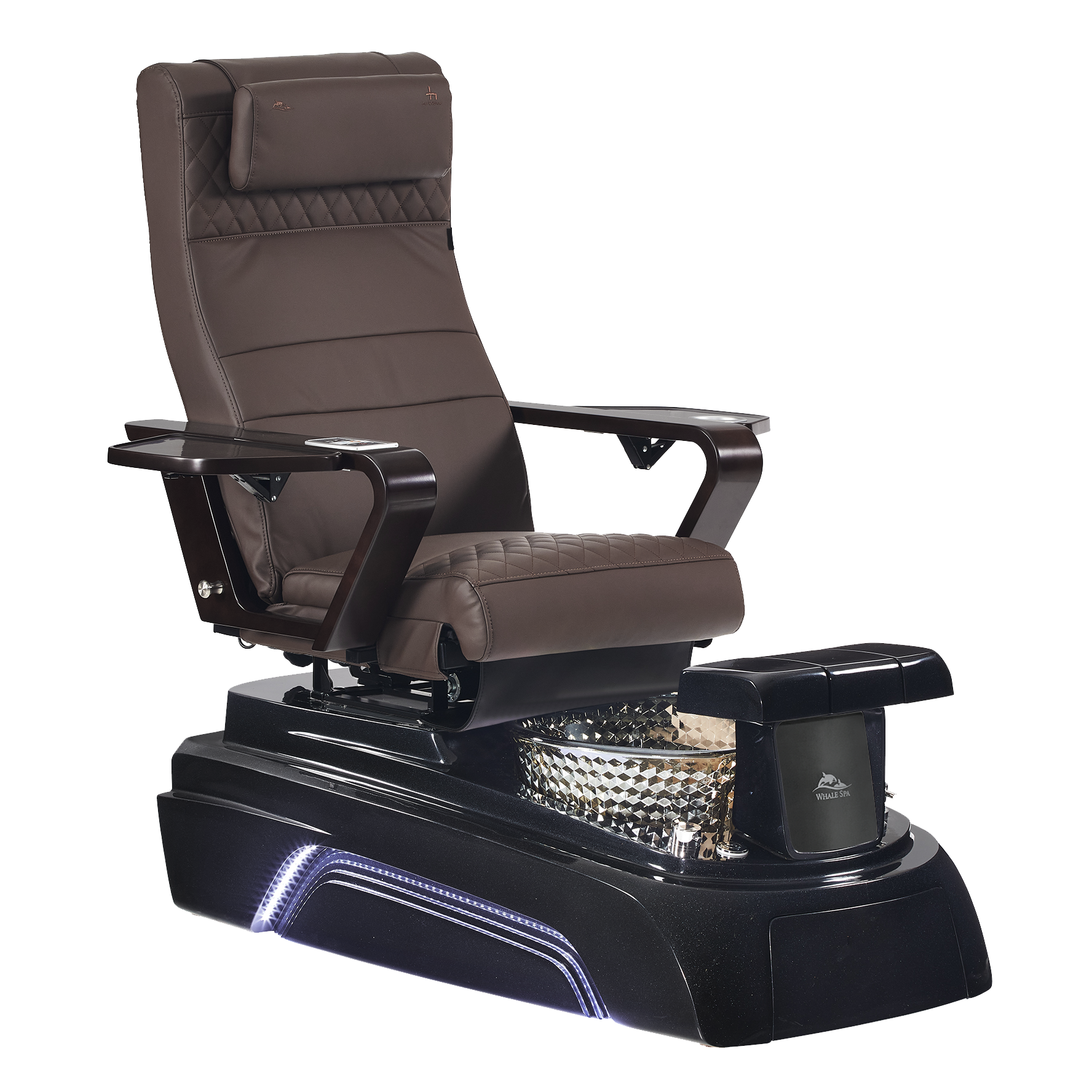Chocolate colored pedicure chair with black base and foot basin