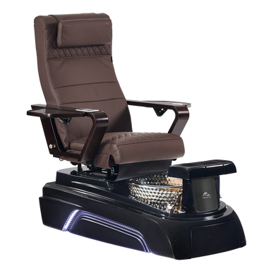 Chocolate colored pedicure chair with black base and foot basin