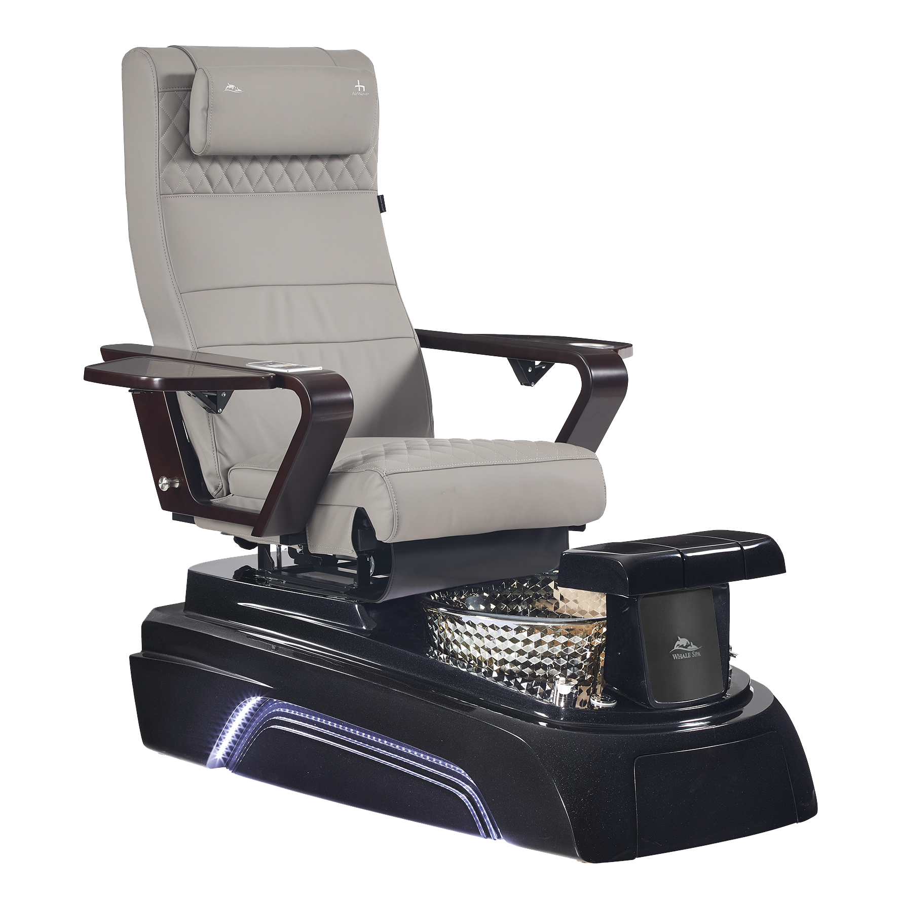 Gray pedicure chair with black base and foot basin