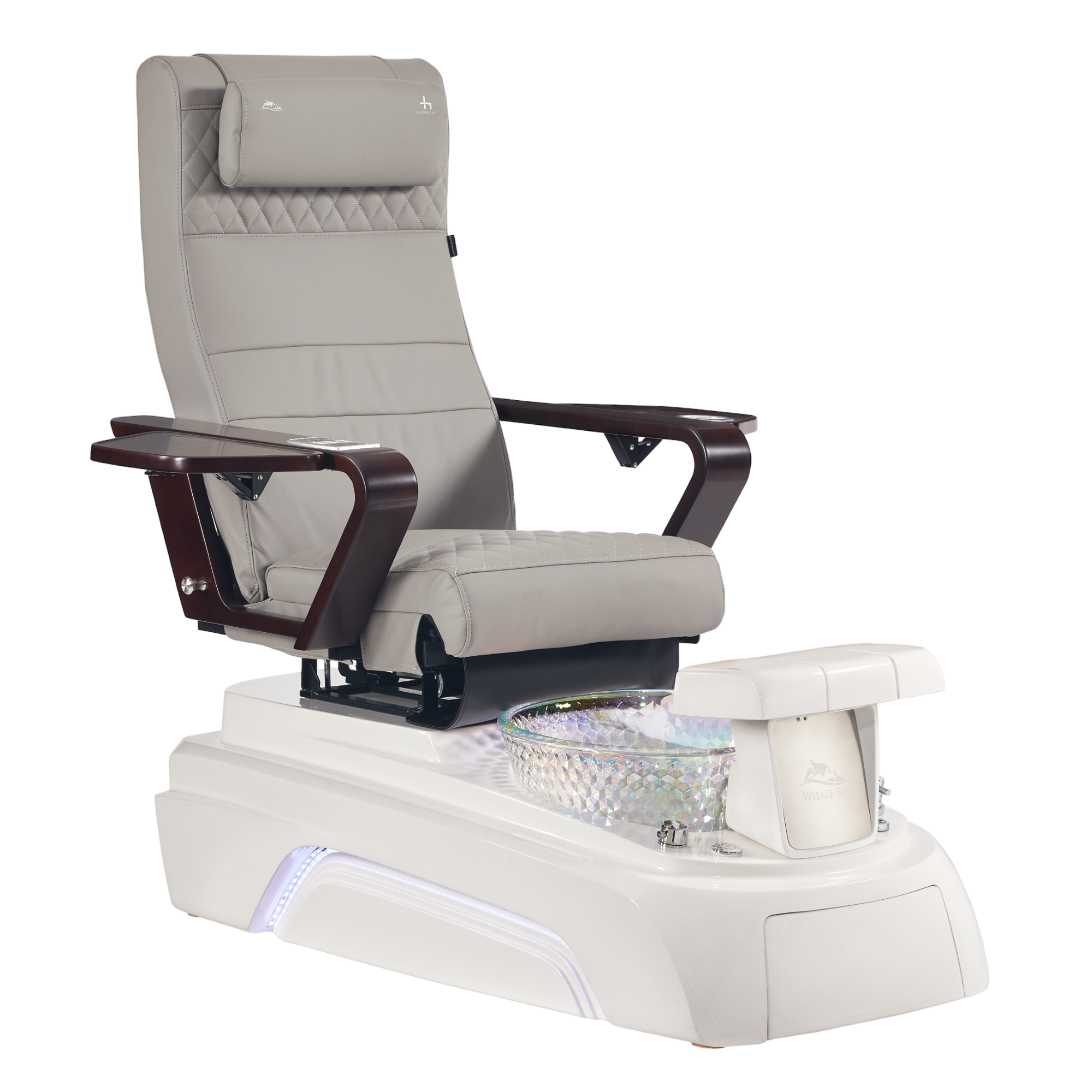 Gray pedicure chair on white base with foot basin 