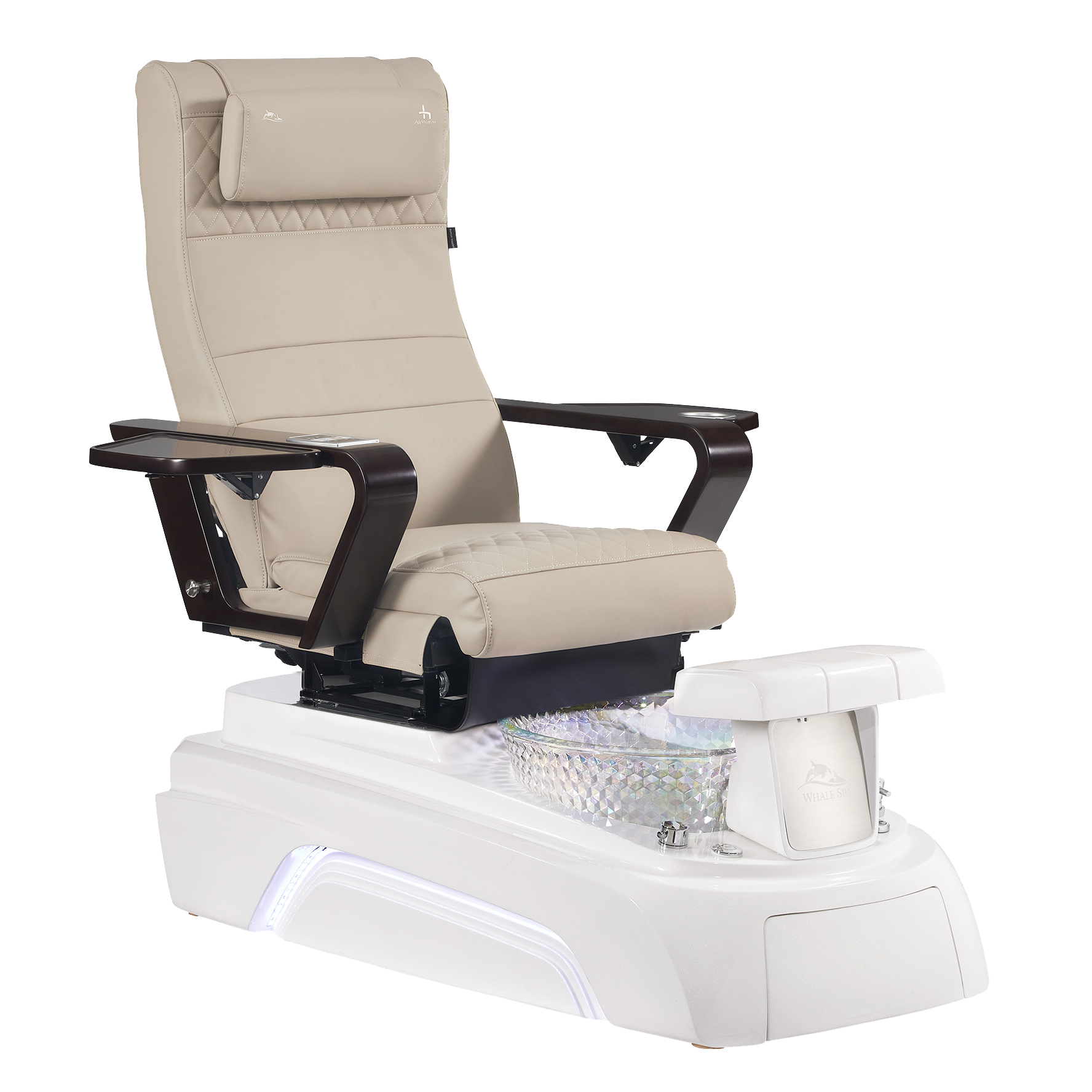 Khaki pedicure chair on white base with walnut armrests