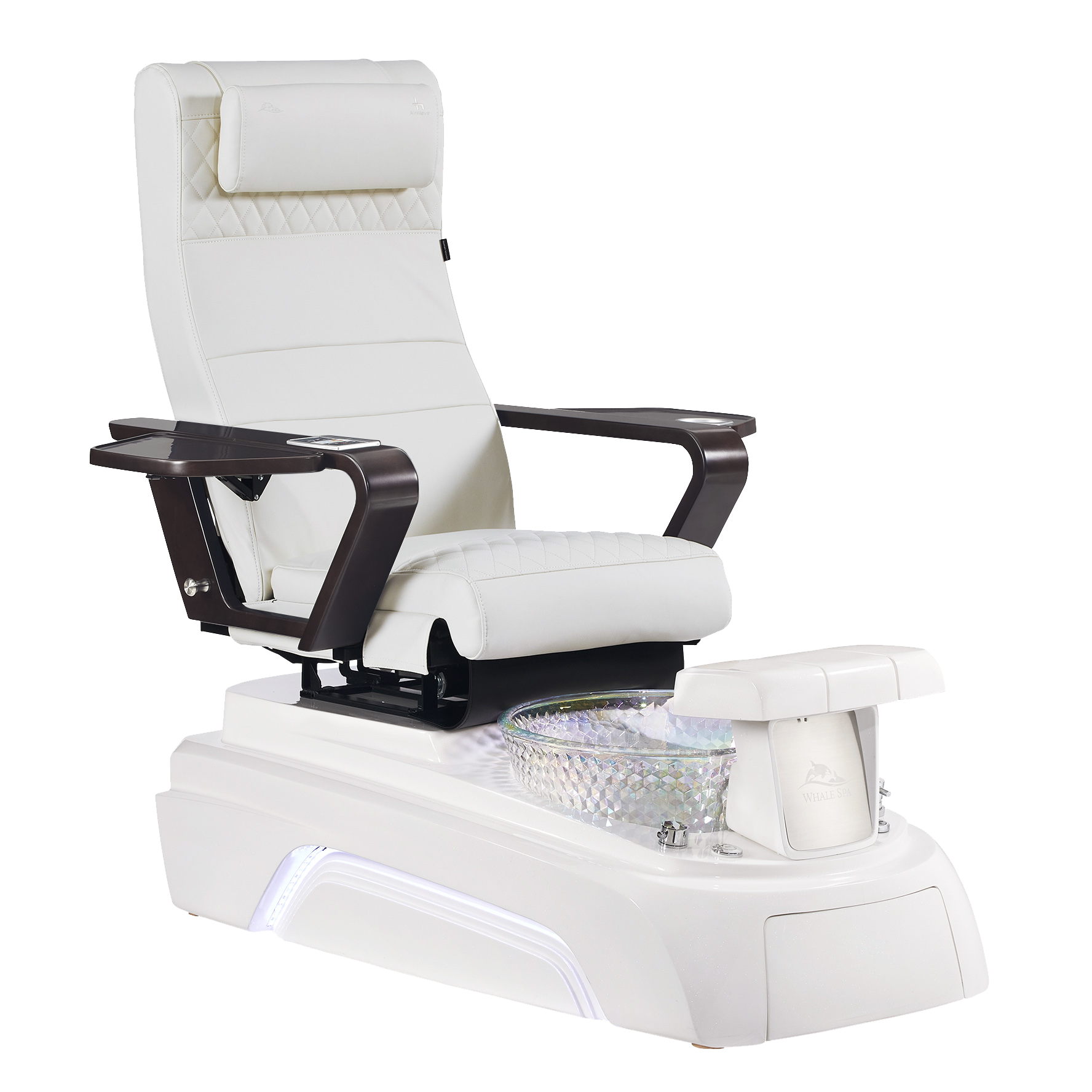 White pedicure chair on white base with walnut armrests