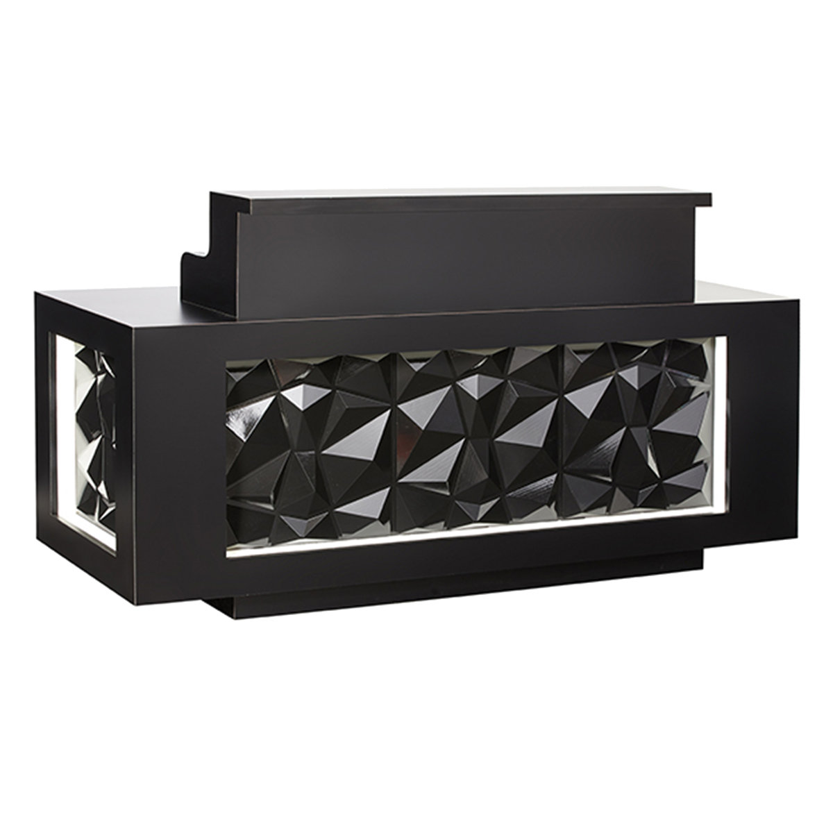 LED lit Black salon reception desk with geometric shapes 