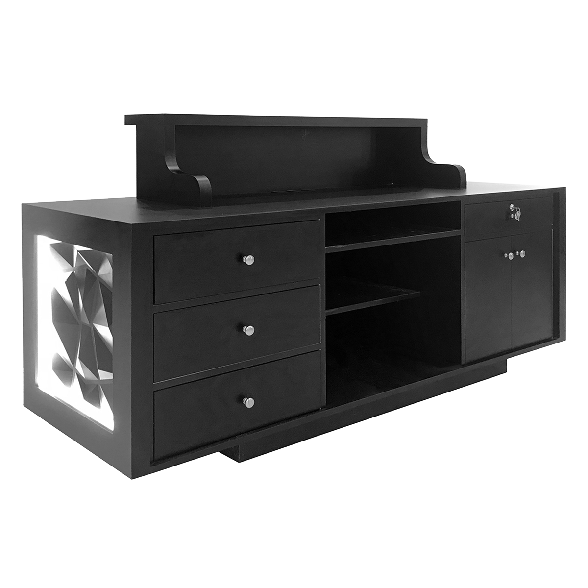 Rear view of black salon reception desk