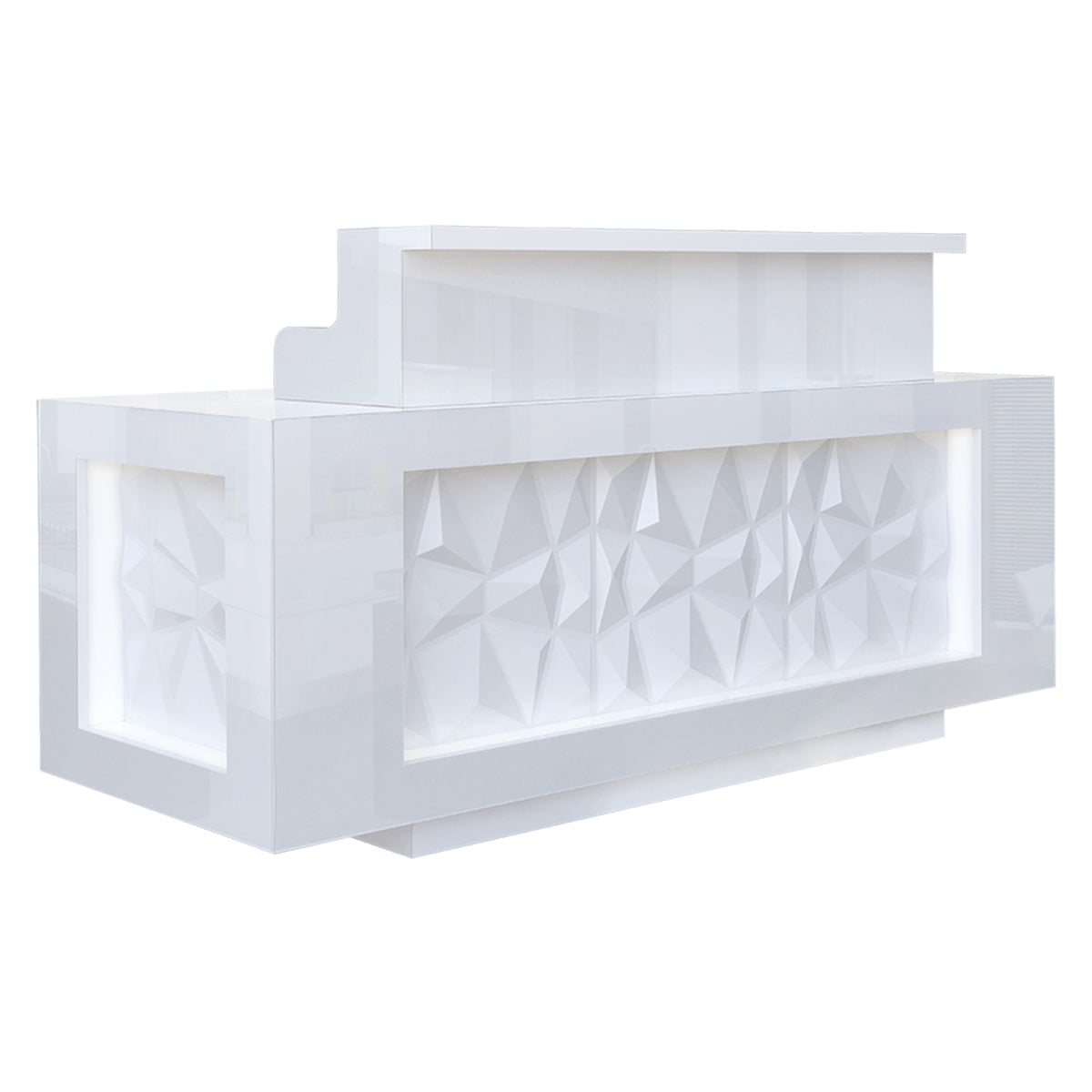 White LED lit salon reception desk against white background