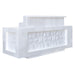 White LED lit salon reception desk against white background