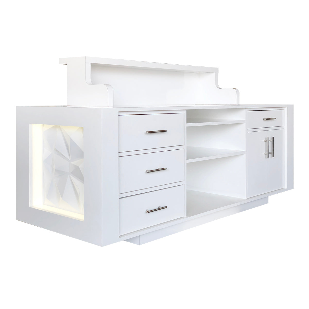 Rear view of white salon reception desk