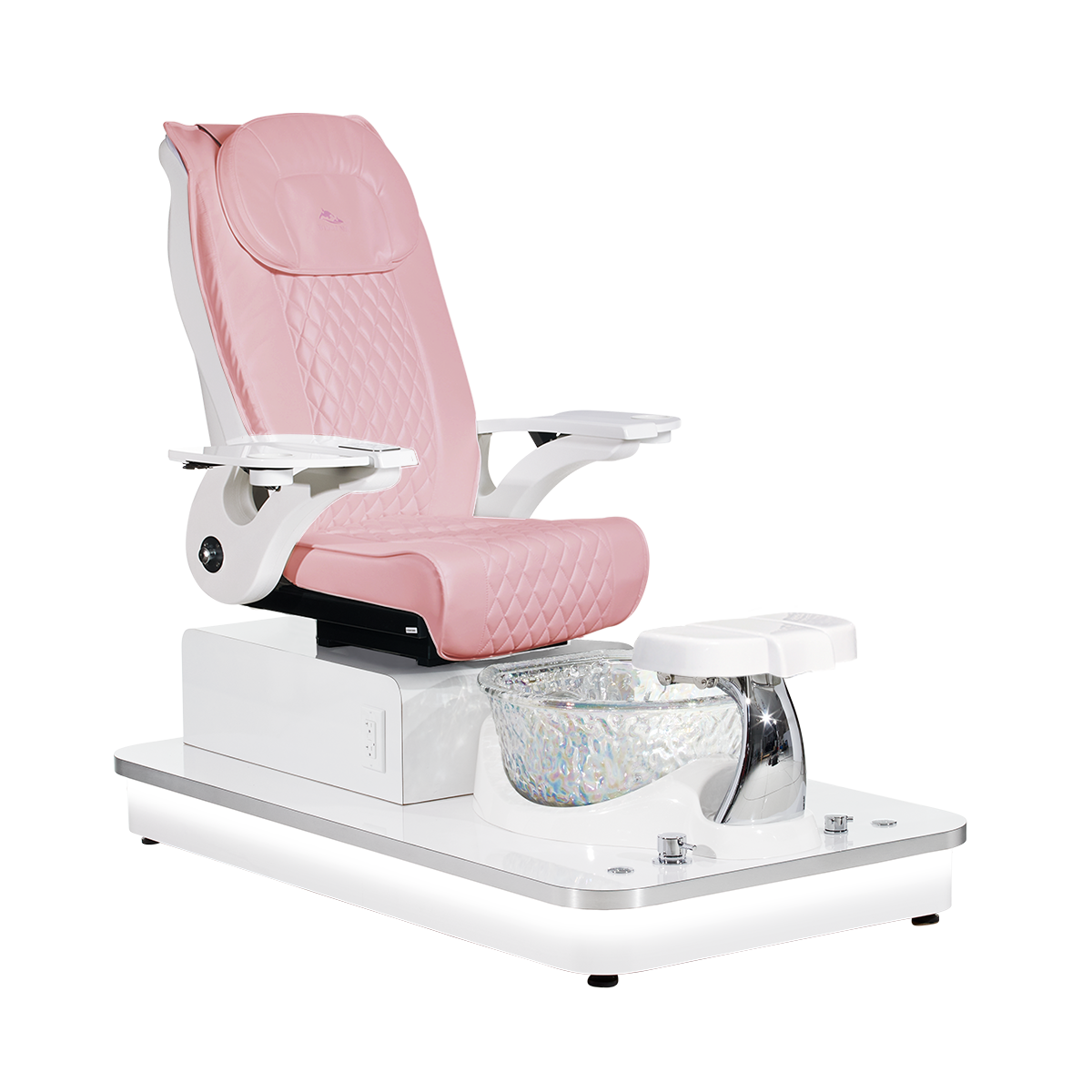 Pink pedicure chair with white armrests and white base with foot basin