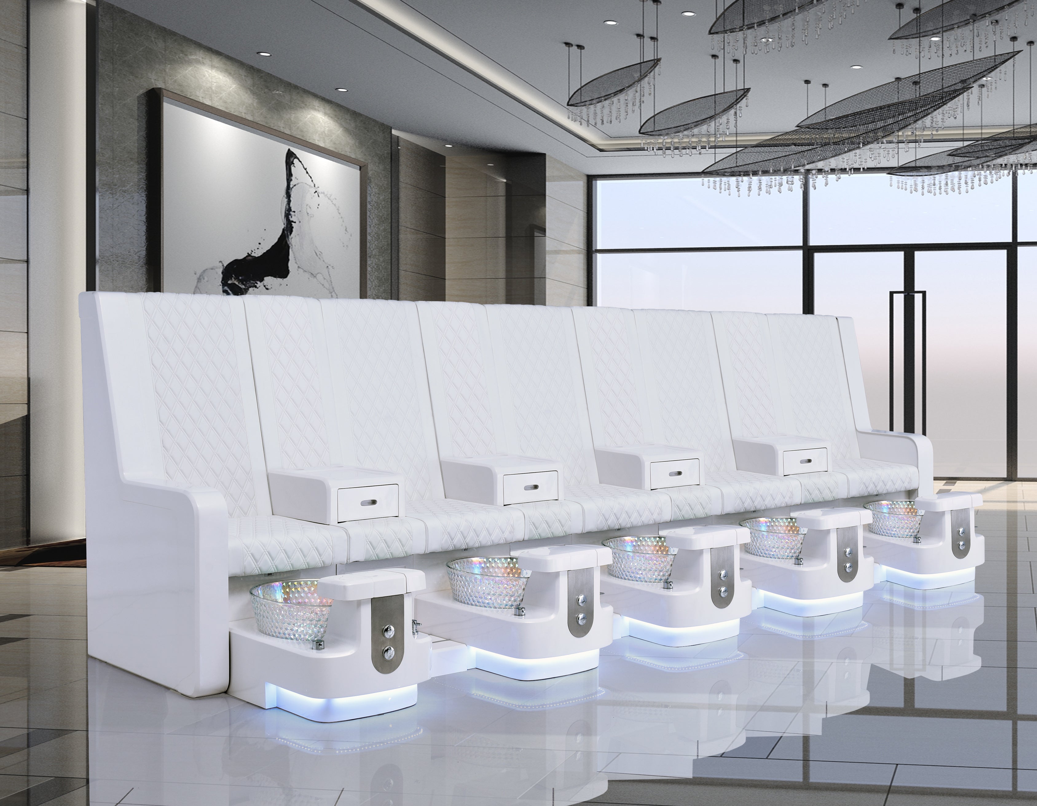 White pedicure bench with 5 seats and matching bowls in luxury setting