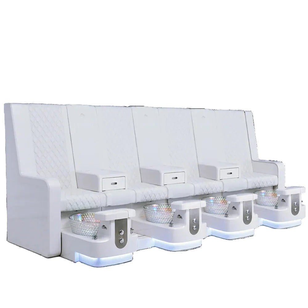 White pedicure bench with 4 seats and matching bowls 