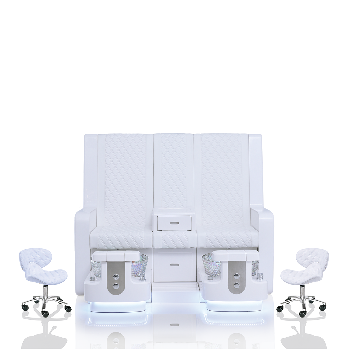 Front view of white pedicure bench with matching technician chairs