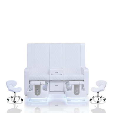 Front view of white pedicure bench with matching technician chairs