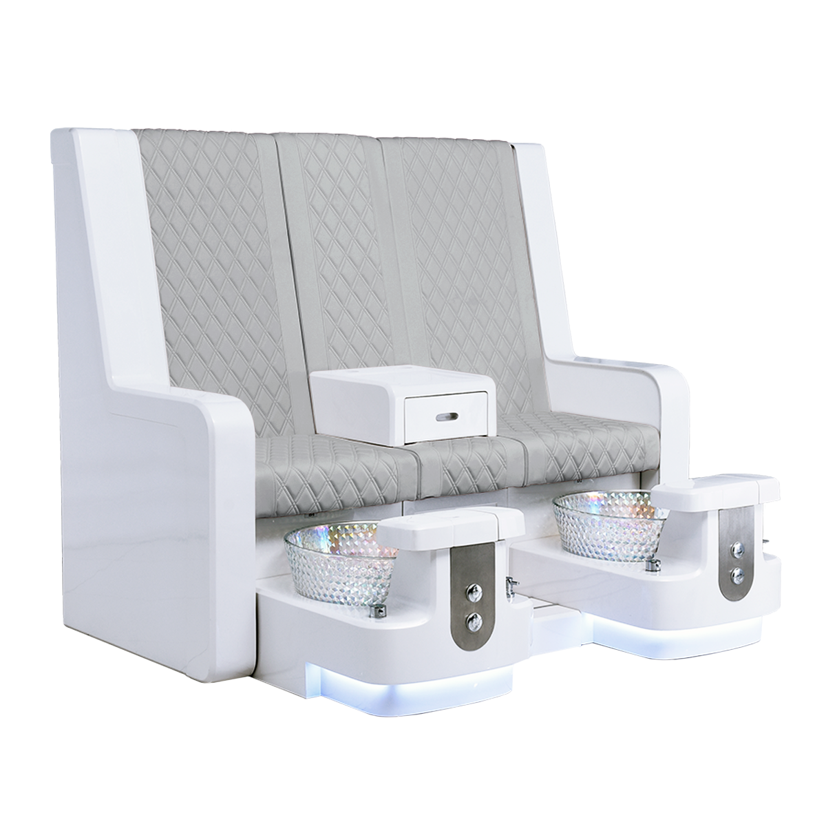 White pedicure bench with gray leather seats and matching bowls