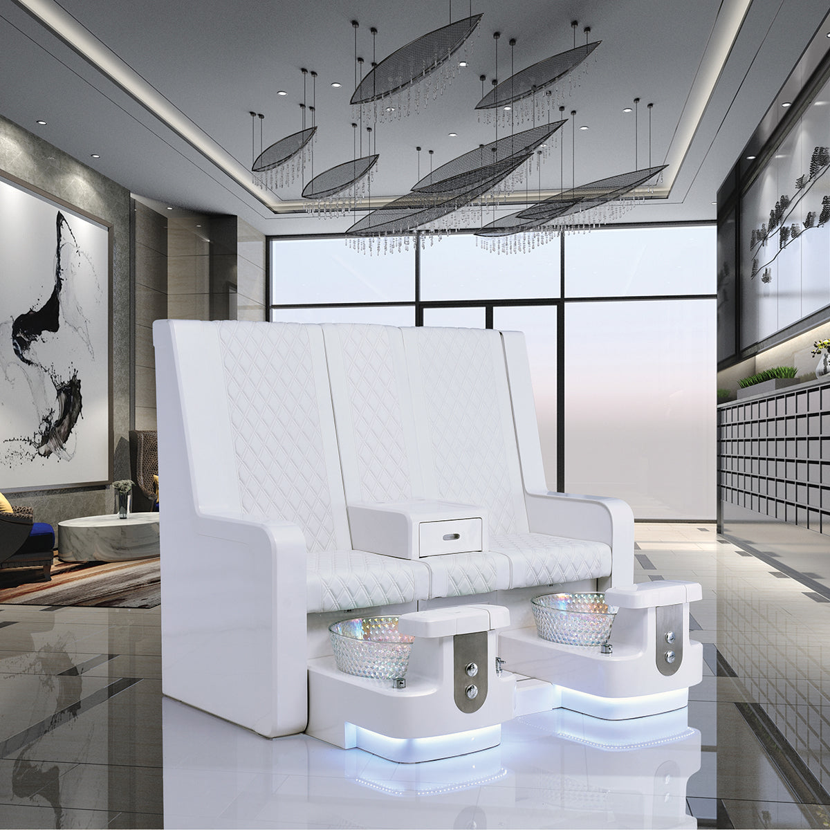 White pedicure bench shown in modern looking luxury home
