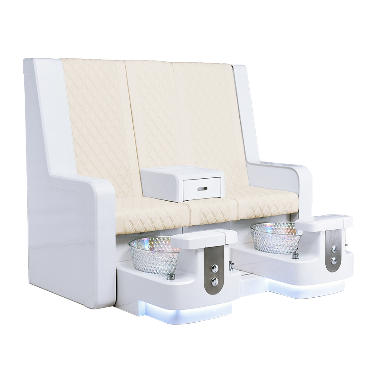 White pedicure bench with off white leather seats and matching bowls