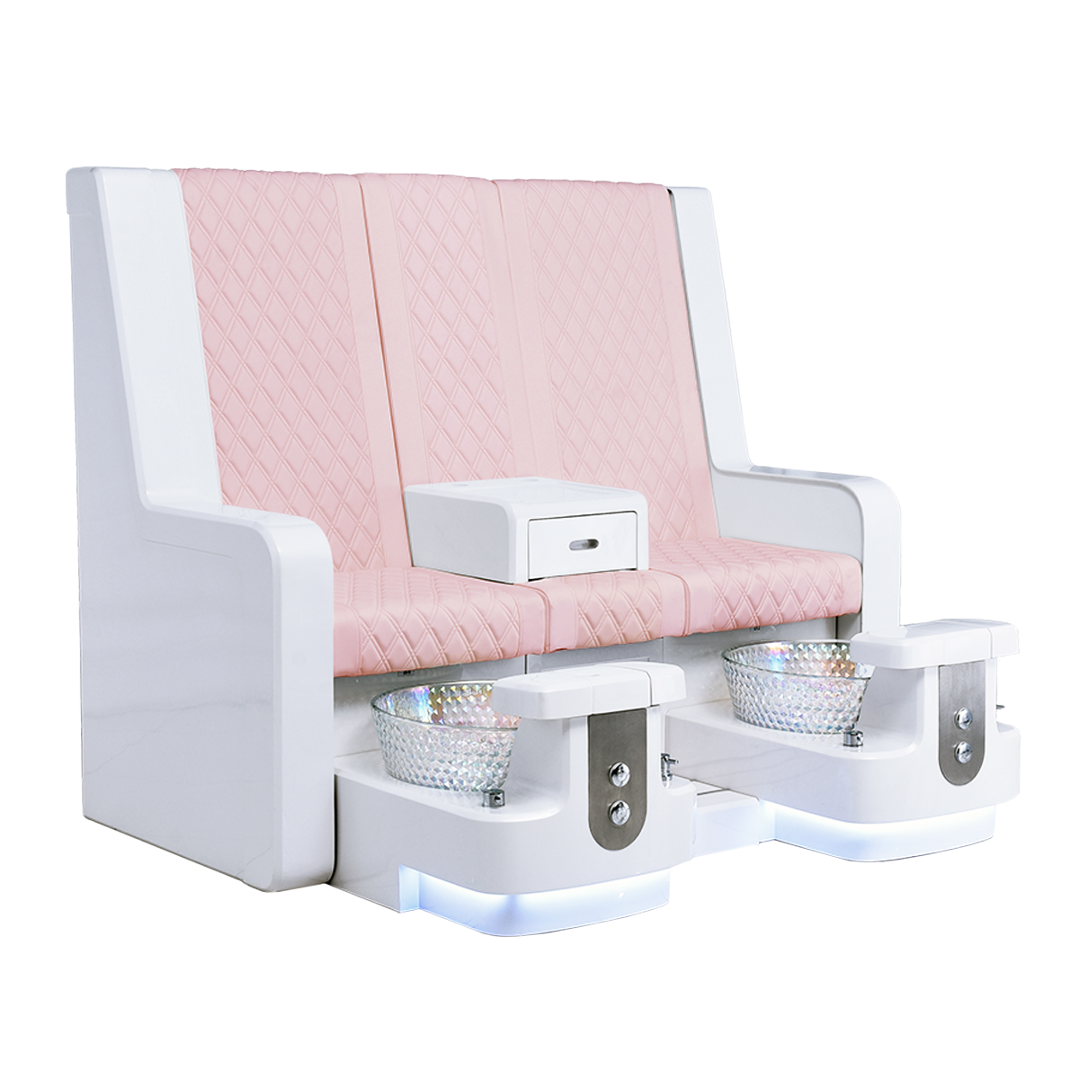 White pedicure bench with pink leather seats and matching bowls