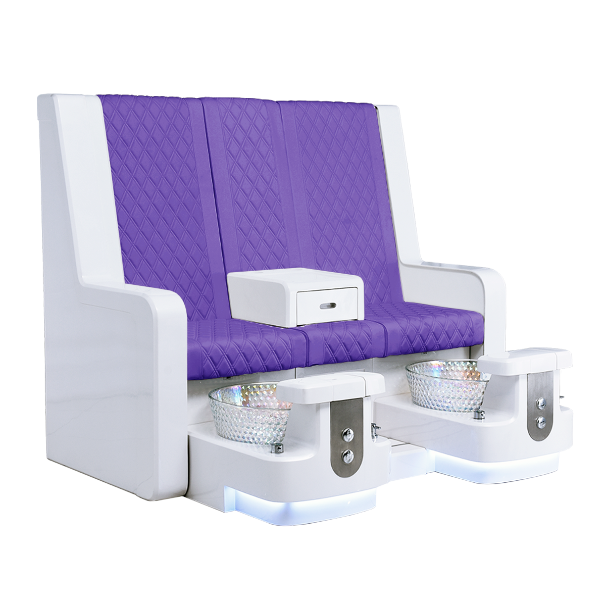 White pedicure bench with purple leather seats and matching bowls