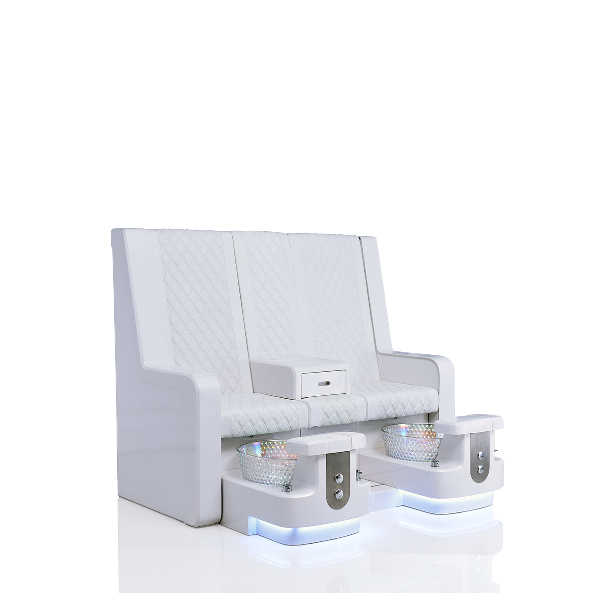 White double pedicure chair with matching clear bowls
