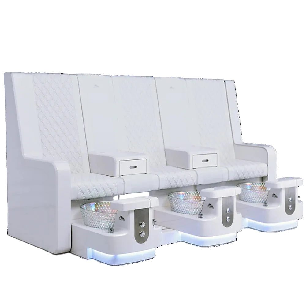 White pedicure bench with 3 seats and matching bowls