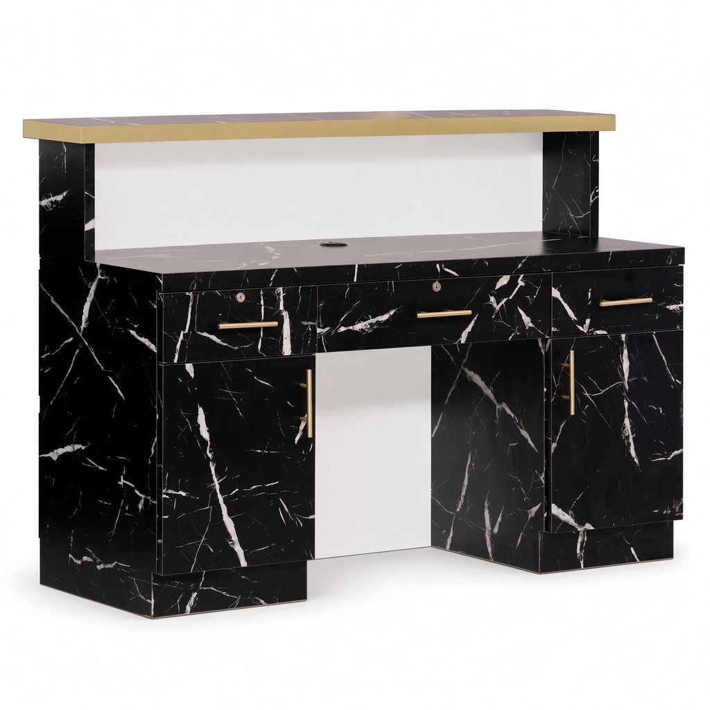 Image of rear of black marble and gold reception desk