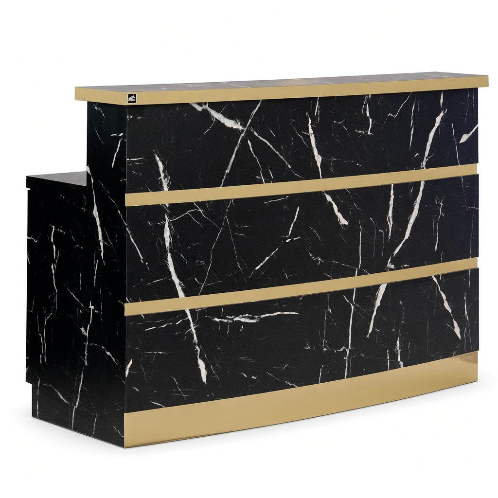 Black and gold salon reception desk against white background 
