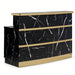 Black and gold salon reception desk against white background 