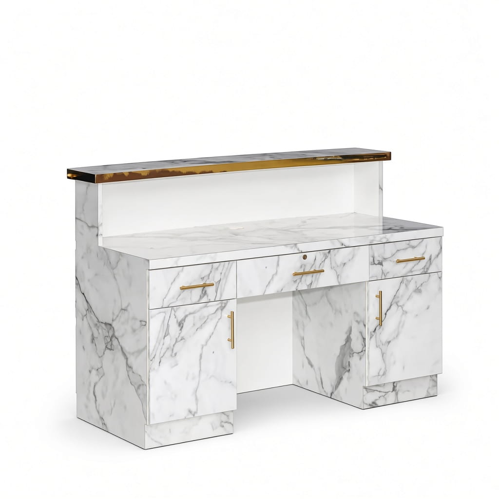 Image of white and gold marble reception desk rear