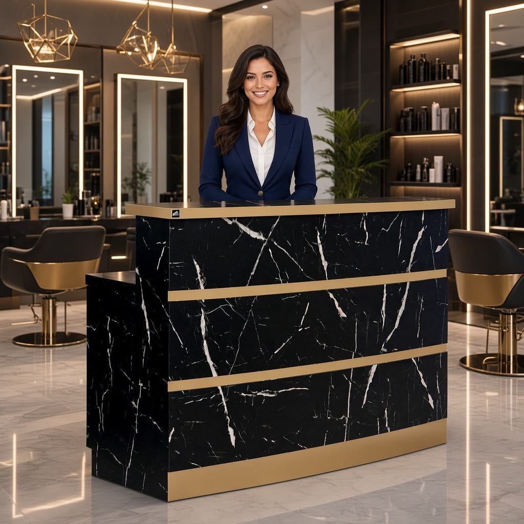 Woman standing behind reception desk in modern salon