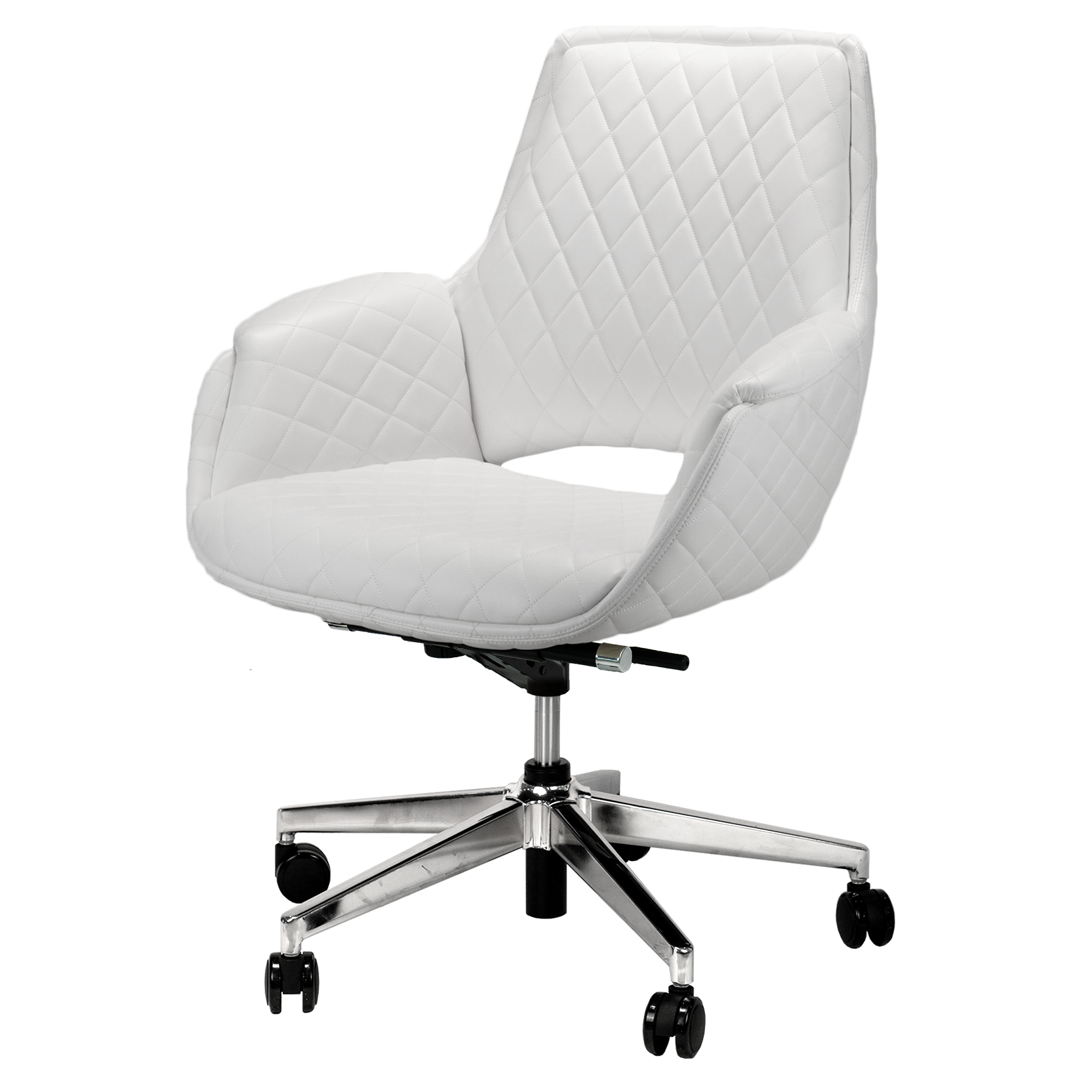 White salon customer chair with wheels