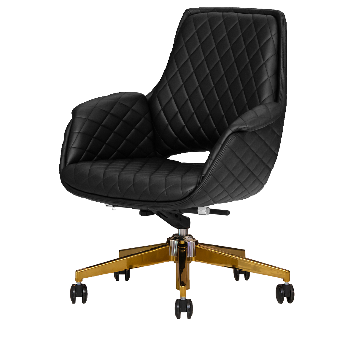 Black salon customer chair with gold hardware